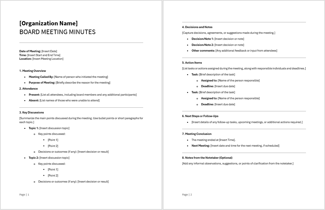 Informal board meeting minutes template