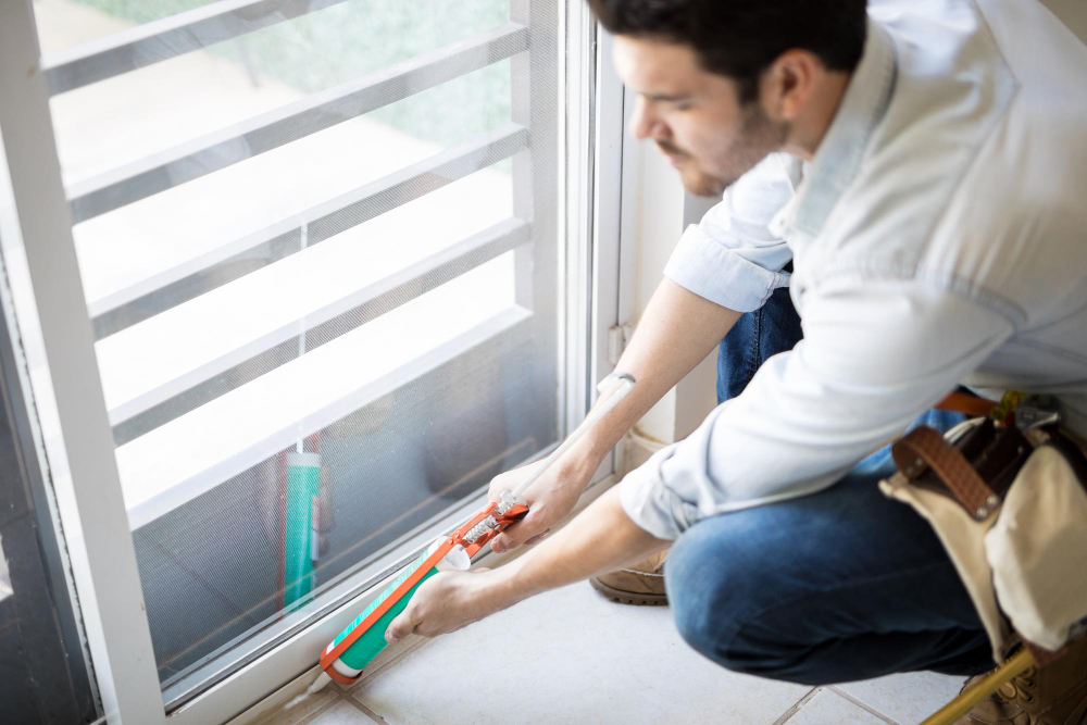 A man applying acoustic caulk to seal a crack around a sliding glass door or window frame, demonstrating the essential first step of sealing gaps for soundproofing.