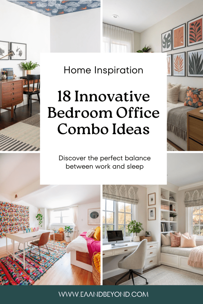 Pinterest photo collage featuring four stylish bedroom office combos. A square text overlay highlights ‘Home Inspiration,’ with a banner that reads: ‘18 Innovative Bedroom Office Combo Ideas – Discover the perfect balance between work and rest.’