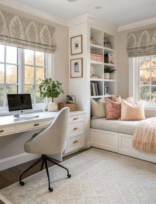 A clean, minimalist space with white built-in shelving, a desk area, and neutral bedding creating a cohesive look.