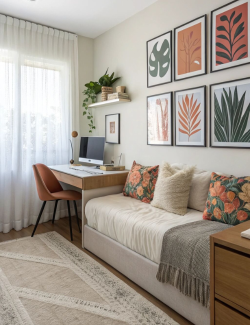 A modern room with botanical artwork, a comfortable daybed/sofa combination, and a simple wooden desk creating a multi-functional space.