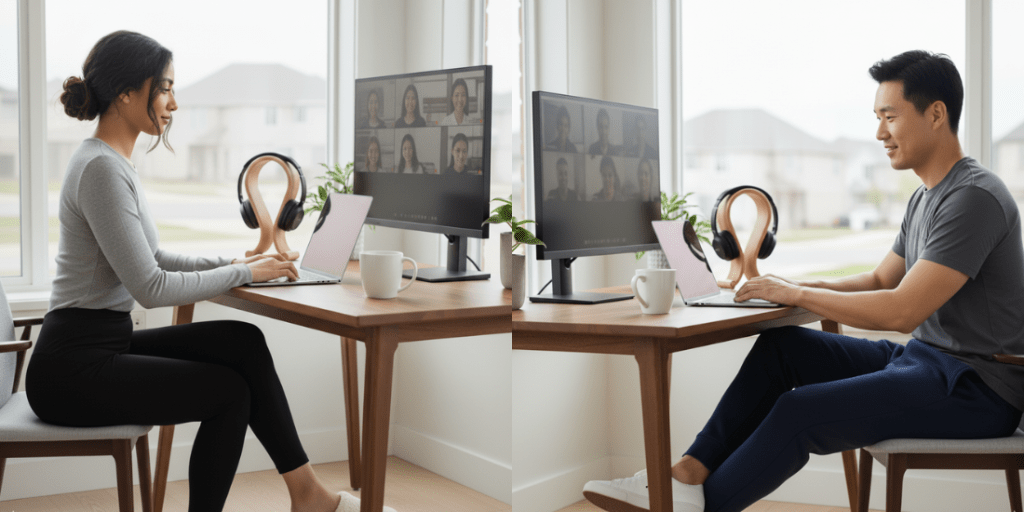A woman in a gray long-sleeve top and black leggings, and a man in a gray t-shirt and navy athletic pants, work on laptops at separate home desks. They are both dressed in comfortable loungewear, demonstrating attire for deep-focus work days.