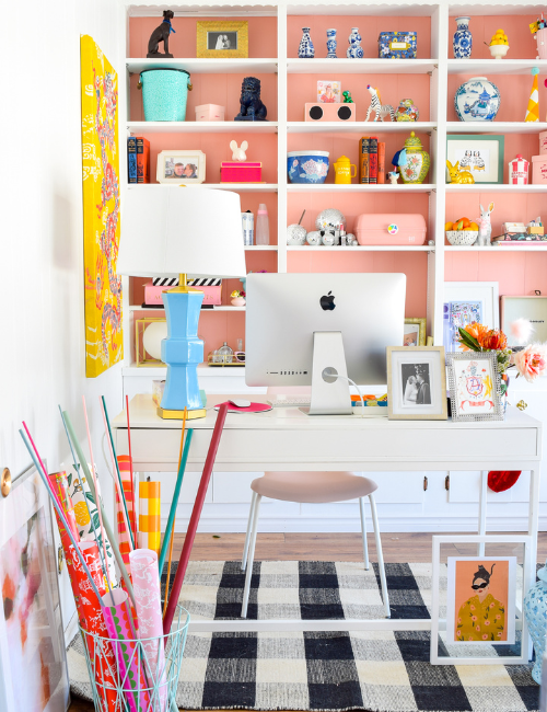 A harmonious blend of soft pastel walls with neon accents in furniture and lighting, creating a workspace that is both soothing and stimulating.