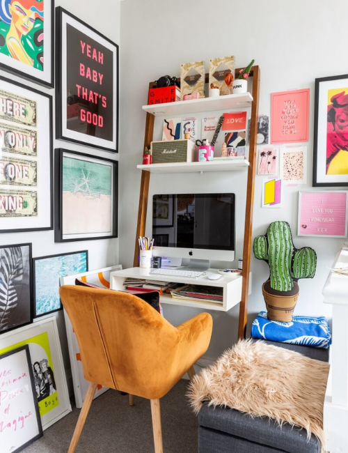 A small but powerful workspace featuring  bright accessories that maximize personality in a compact space.