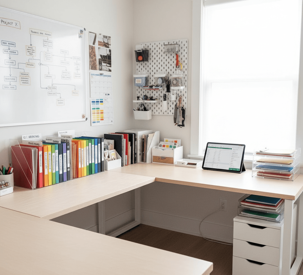 A highly organized and systematic home office with an L-shaped desk. Visible are color-coded binders, clear file holders, a large whiteboard with a detailed flowchart, a wall-mounted pegboard organizer, and an iPad displaying a spreadsheet, reflecting a busy, methodical approach.