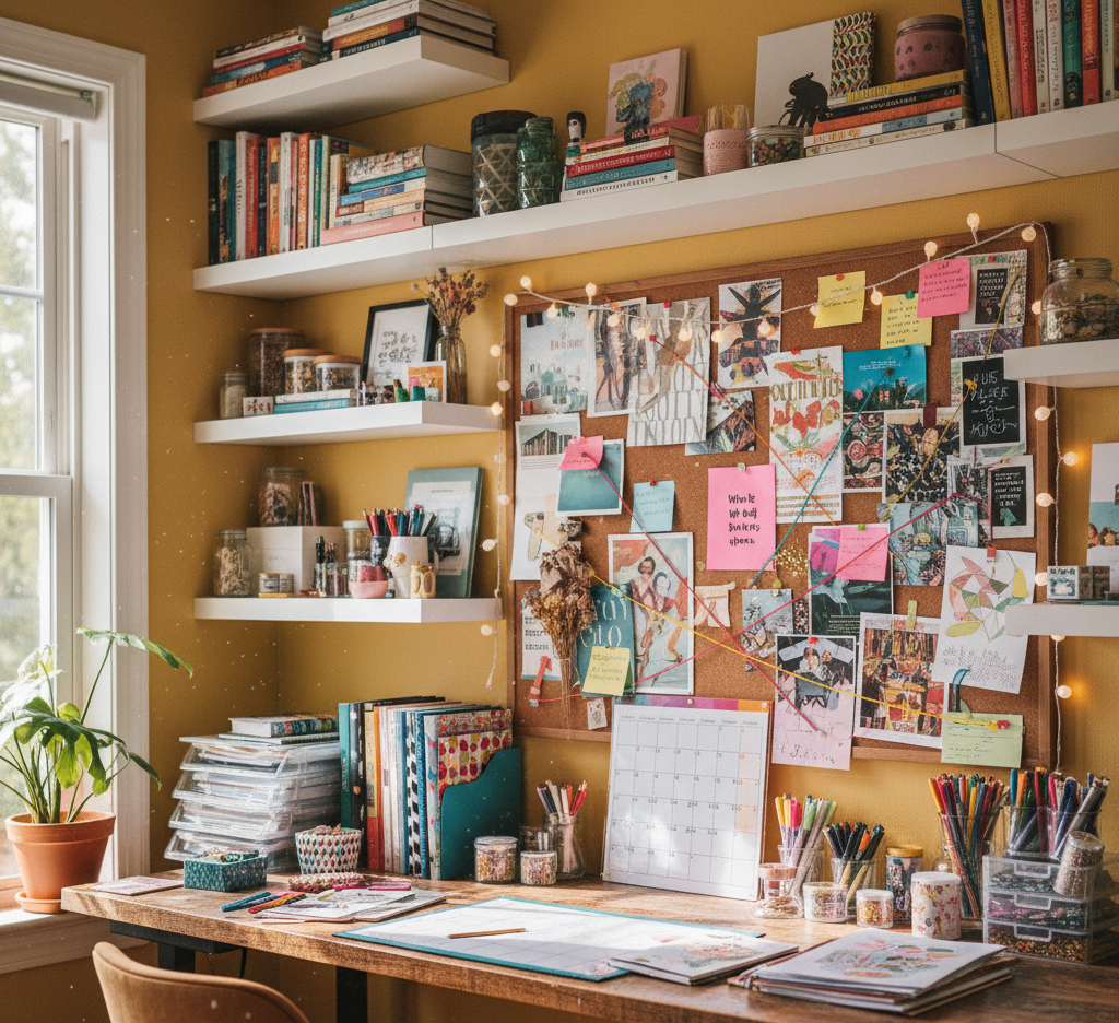 A vibrant and inspiring home office with open shelving filled with books, creative supplies, and decorative items. A large cork board above the desk is covered with notes, photos, and string lights, showcasing a visually stimulating and creatively organized space.