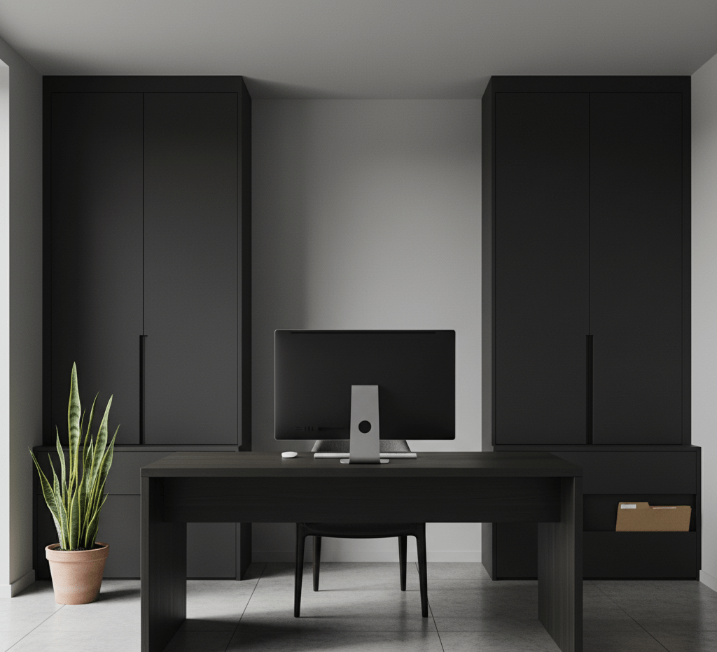 A sleek, minimalist home office featuring a dark desk with a single monitor and a modern chair. The room is designed with dark built-in cabinets and a small plant, emphasizing extreme efficiency and functional, concealed storage with a sophisticated, uncluttered aesthetic.