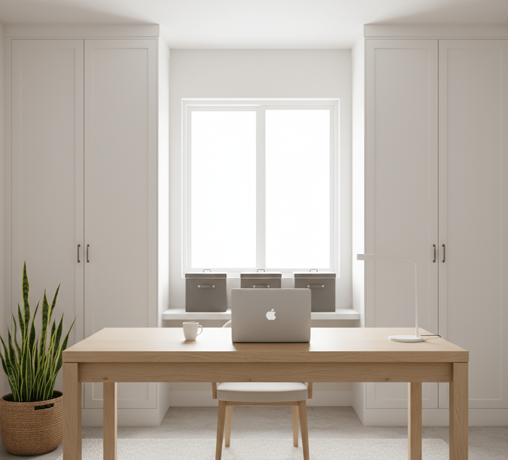 A serene and minimalist home office with a light wooden desk, a white laptop, and a single plant. The walls feature white built-in cabinets flanking a window, providing concealed storage to maintain visual calm.