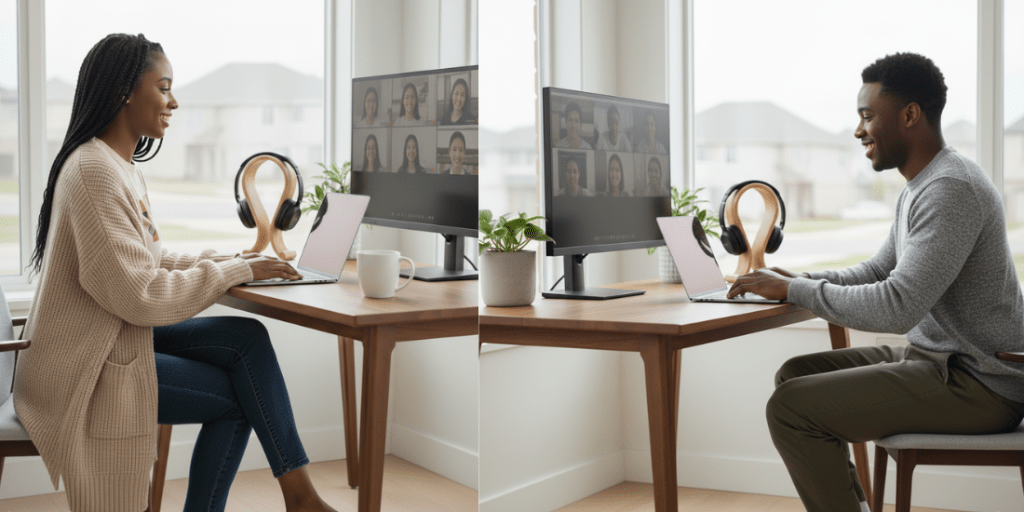 
A woman wearing a beige cardigan and dark jeans, and a man in a gray crewneck sweater and olive chinos, are smiling while working at home desks. They are dressed in relaxed, comfortable attire suitable for a Virtual Casual Friday.