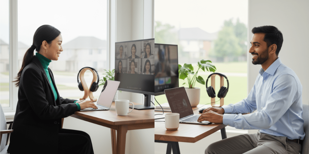A woman wearing a black blazer over a green turtleneck and a man wearing a light blue button-down shirt work at home desks. Both are smiling and looking at a computer screen that displays a video conference meeting, illustrating professional attire for virtual client presentations.