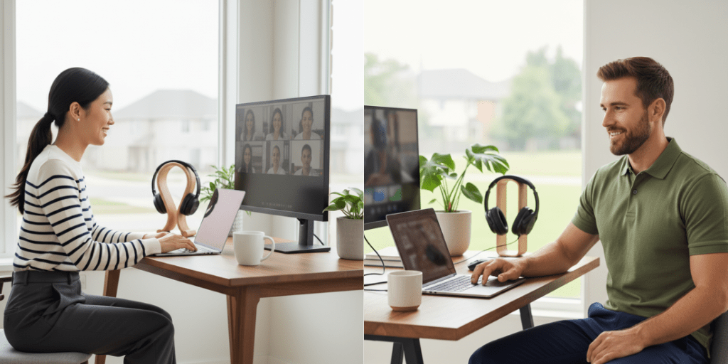 A woman in a striped sweater and trousers and a man in a green polo shirt work side-by-side at home offices, dressed in smart casual attire for a virtual team meeting visible on a monitor.