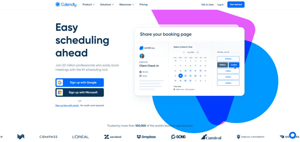 Screenshot of Calendly's homepage showing their scheduling interface with a calendar widget displaying July 2024, time slots, and the tagline 'Easy scheduling ahead' alongside signup options for Google and Microsoft.