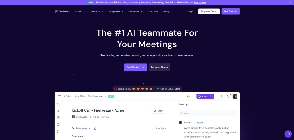 Fireflies.ai homepage featuring their meeting transcription tool with the headline 'The #1 AI Teammate For Your Meetings' and a demo interface showing meeting transcript analysis and conversation insights.