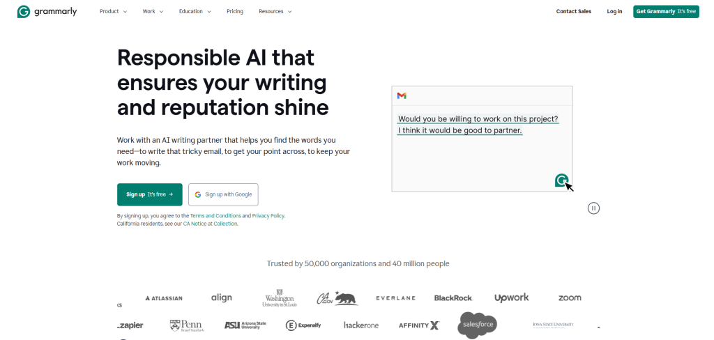 Grammarly's landing page showcasing their AI writing assistant with the tagline 'Responsible AI that ensures your writing and reputation shine' and an email composition interface demonstrating grammar suggestions.