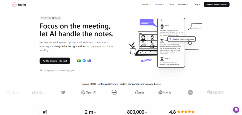 Tactiq meeting transcription tool homepage showing 'Focus on the meeting, let AI handle the notes' with a mockup of their Chrome extension interface displaying live meeting transcripts and AI-generated summaries.